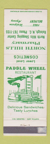Matchbook Cover - North Hills Drug Paddle Wheel Restaurant Raleigh NC WORN