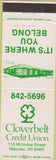 Matchbook Cover - Cloverbelt Credit Union Wausau WI