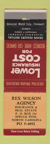 Matchbook Cover - Rex Wilson Insurance Spruce Pine NC WEAR