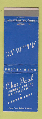 Matchbook Cover - Chez Paul French Restaurant Beaver Lake Asheville NC WEAR