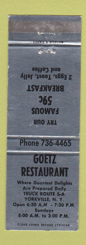 Matchbook Cover - Goetz Restaurant Yorkville NY