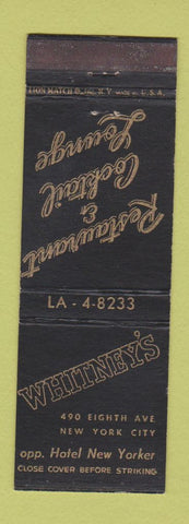 Matchbook Cover - Whitney's New York City restaurant