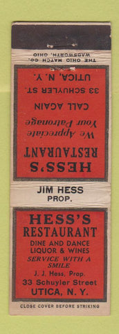 Matchbook Cover - Hess's Restaurant Utica NY