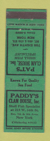 Matchbook Cover - Paddy's Clam House New York City