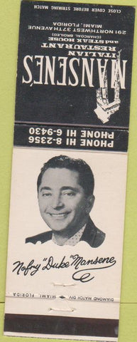 Matchbook Cover - Mansene's Italian food Miami FL