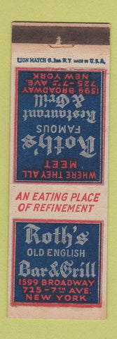 Matchbook Cover - Roth's Restaurant Grill New York City