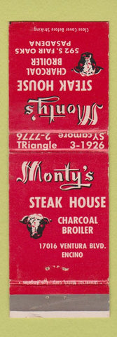 Matchbook Cover - Monty's Steak House Pasadena Encino CA