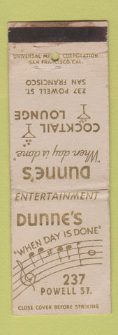 Matchbook Cover - Dunne's Bar San Francisco CA WORN