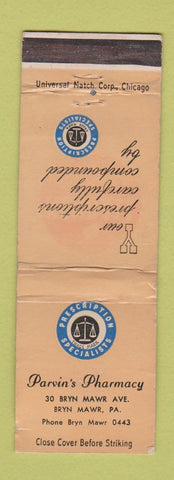 Matchbook Cover - Parvin's Drug Store Bryn Mawr PA WORN