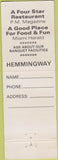 Matchbook Cover - Hemmingway Restaurant Hollywood FL