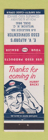 Matchbook Cover - Esso oil gas EV Alford's Wilson NC