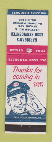 Matchbook Cover - Esso oil gas Garrigan's Baltimore MD