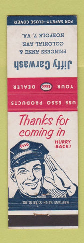 Matchbook Cover - Esso oil gas Jiffy Carwash Norfolk VA