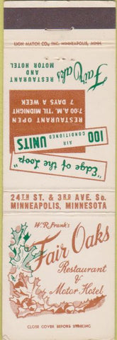 Matchbook Cover - Fair Oaks Restaurant Hotel Minneapolis MN