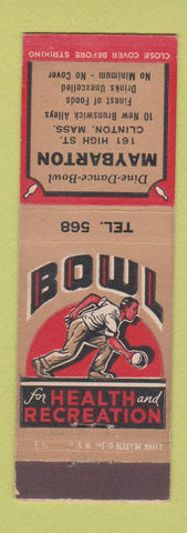 Matchbook Cover - Maybarton Bowling Clinton MA Brunswick