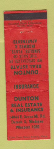 Matchbook Cover - Dunton Real Estate Insurance Detroit MI WORN