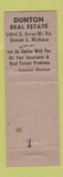 Matchbook Cover - Dunton Real Estate Insurance Detroit MI WORN
