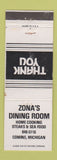 Matchbook Cover - Zona's Dining Room Comins MI WORN