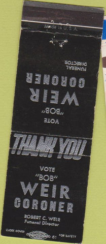 Matchbook Cover - Bob Wier Coroner funeral director