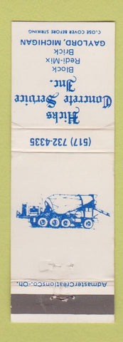 Matchbook Cover - Hicks Concrete Service Gaylord MI truck WEAR