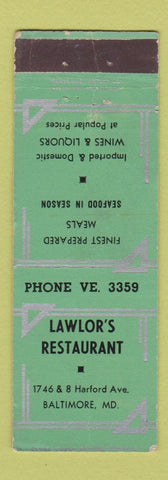 Matchbook Cover - Lawlor's Restaurant Baltimore MD WEAR