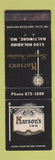 Matchbook Cover - Karson's Inn Baltimore MD restaurant