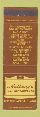 Matchbook Cover - Anthony's Restaurants Lynn Swampscott Boston MA WEAR