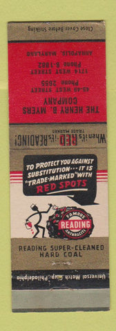 Matchbook Cover - Reading Coal Coke Henry Myers Annapolis MD