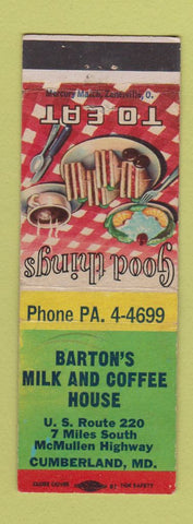 Matchbook Cover - Barton's Milk and Coffee House Cumberland MD