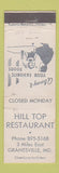Matchbook Cover - Hill Top Restaurant Grantsville MD WEAR