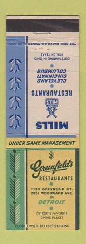 Matchbook Cover - Greenfield's Restaurant Detroit MI Mills Cleveland WEAR