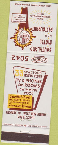 Matchbook Cover - Southland Motel Restaurant West New Albany MS