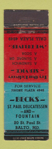 Matchbook Cover - Becks St Paul Deli Baltimore MD WEAR