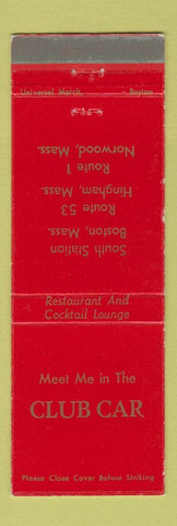 Matchbook Cover - Club Car Restaurant Boston Hingham Norwood MA WEAR