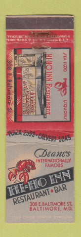 Matchbook Cover - Hi Ho Inn Baltimore MD lobster feature WORN