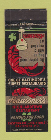 Matchbook Cover - Haussner's Baltimore MD lobster WORN