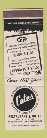 Matchbook Cover - Cotes Restaurant Motel West Claremont NH