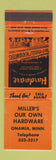 Matchbook Cover - Miller's Hardware Onamia MN
