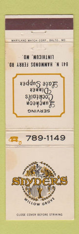 Matchbook Cover - Snyder's Willow Grove Restaurant Linthicum MD WORN