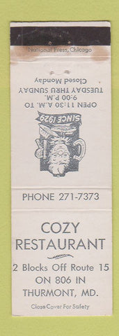 Matchbook Cover - Cozy Restaurant Thurmont MD WORN