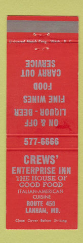 Matchbook Cover - Crews' Enterprise Inn Lanham MD Italian