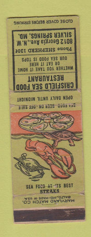 Matchbook Cover - Crisfield Seafood Silver Spring MD WORN