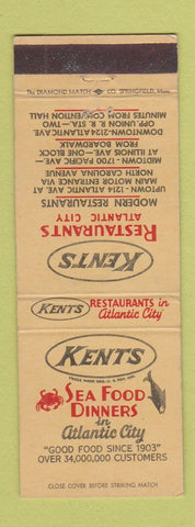 Matchbook Cover - Kents Restaurant seafood Atlantic City NJ