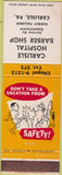 Matchbook Cover - Carlisle Hopital Barber Shop PA