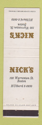 Matchbook Cover - Nick's Restaurant Boston MA