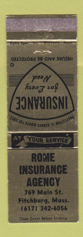 Matchbook Cover - Rome Insurance Agency Fitchburg MA