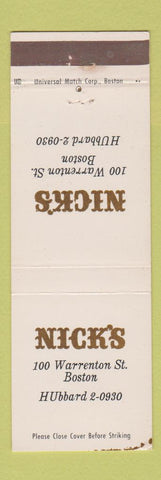 Matchbook Cover - Nick's Restaurant Boston MA