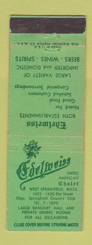 Matchbook Cover - Edelweiss Restaurant Swiss West Springfield MA WORN