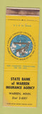 Matchbook Cover - State Bank of Warren MN WORN