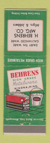 Matchbook Cover - Behrens Metal Ware Dairy Winona MN buckets